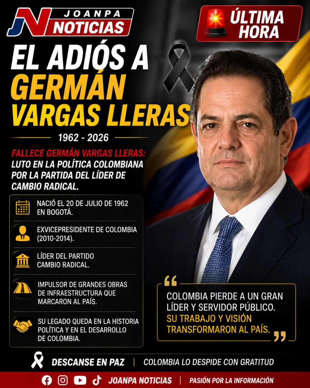 Fallece Germán Vargas Lleras: Luto en la política colombiana por la partida del líder de Cambio Radical
