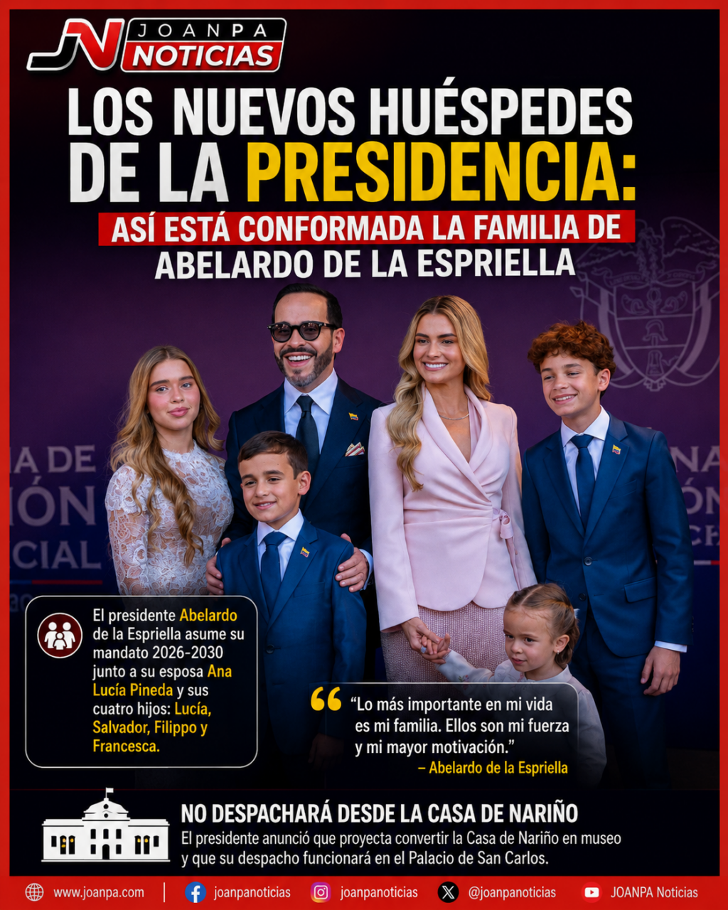 Los nuevos huéspedes de la Casa de Nariño: así está conformada la familia presidencial de Abelardo De la Espriella