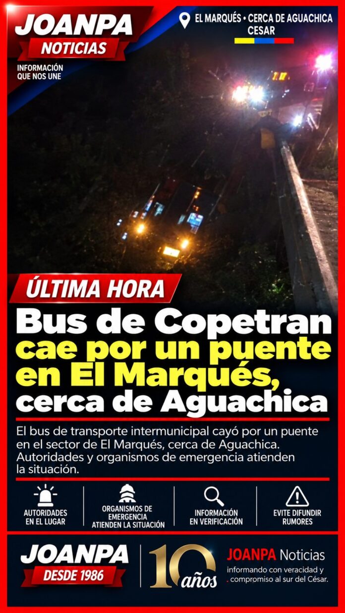Bus de Copetran cae por un puente en El Marqués, cerca de Aguachica