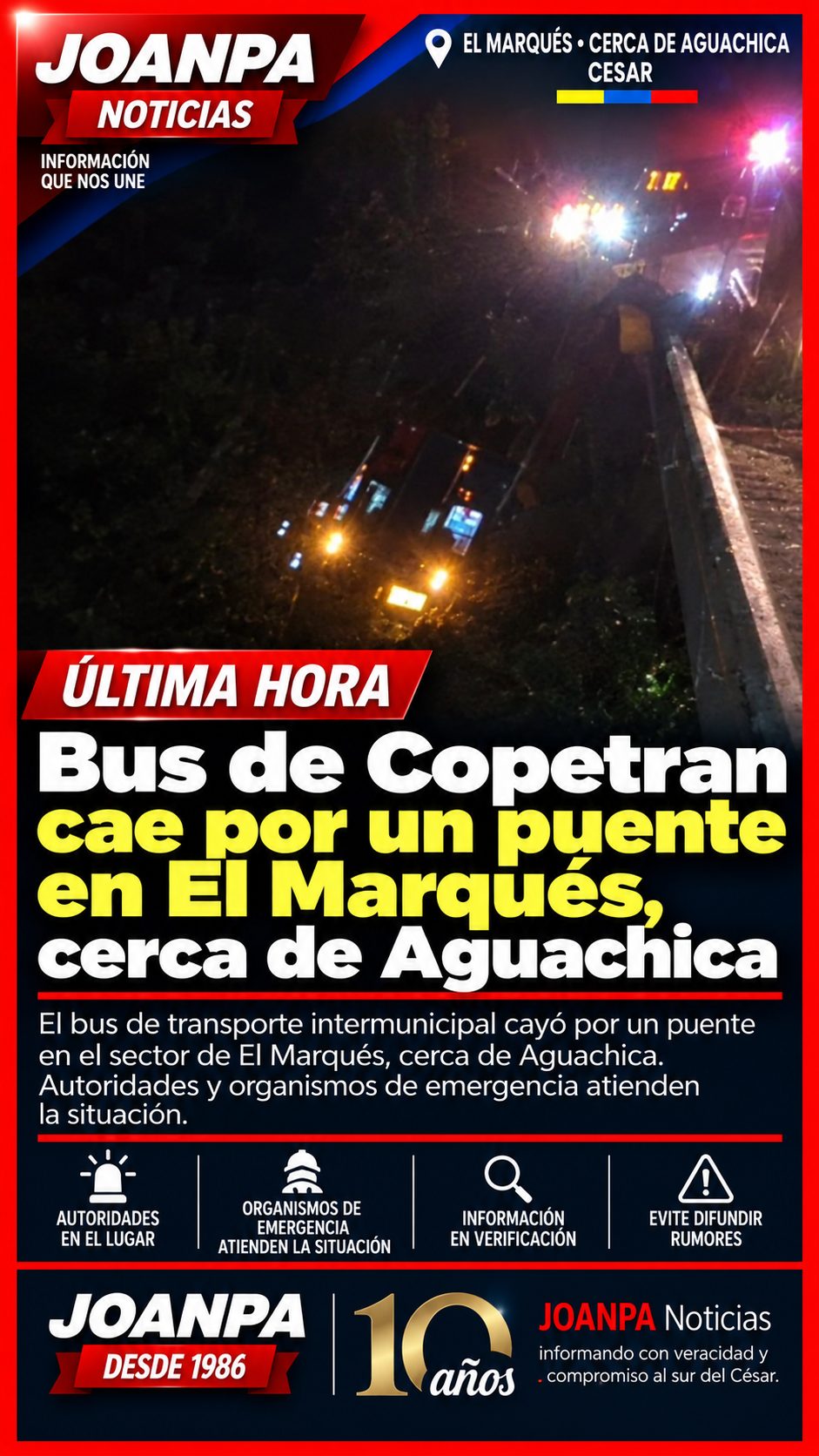Bus de Copetran cae por un puente en El Marqués, cerca de Aguachica