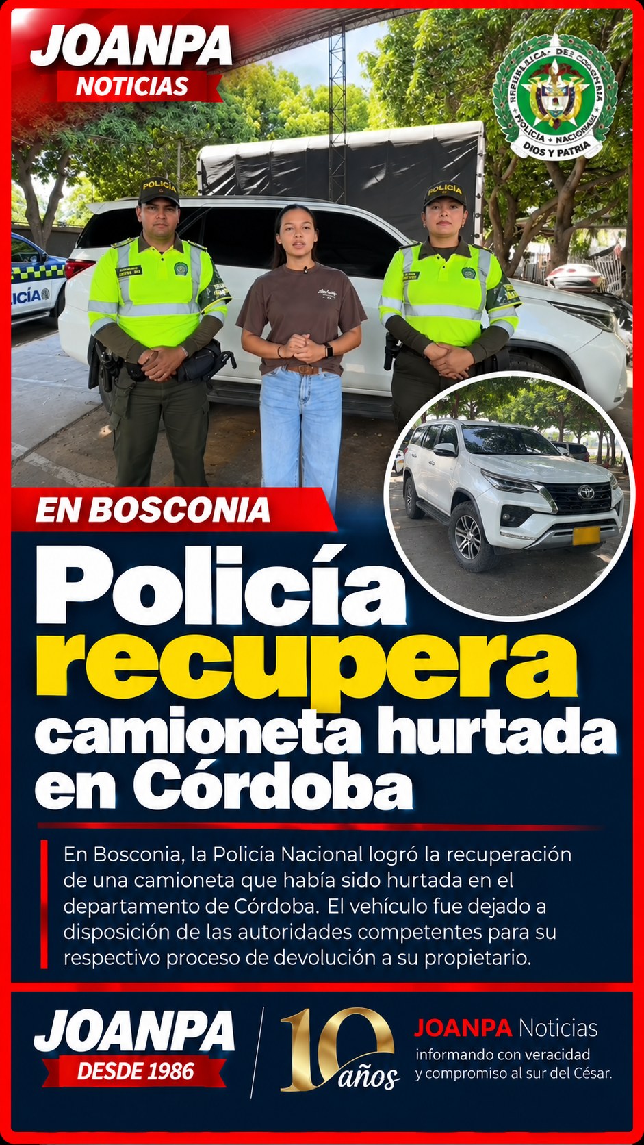 Policia recupera camioneta hurtada en Cordoba