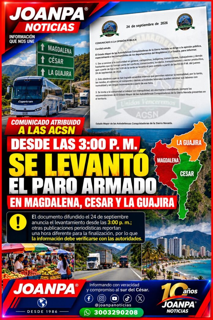 Desde las 3 de la tarde se levantó el paro armado en Magdalena y La Guajira