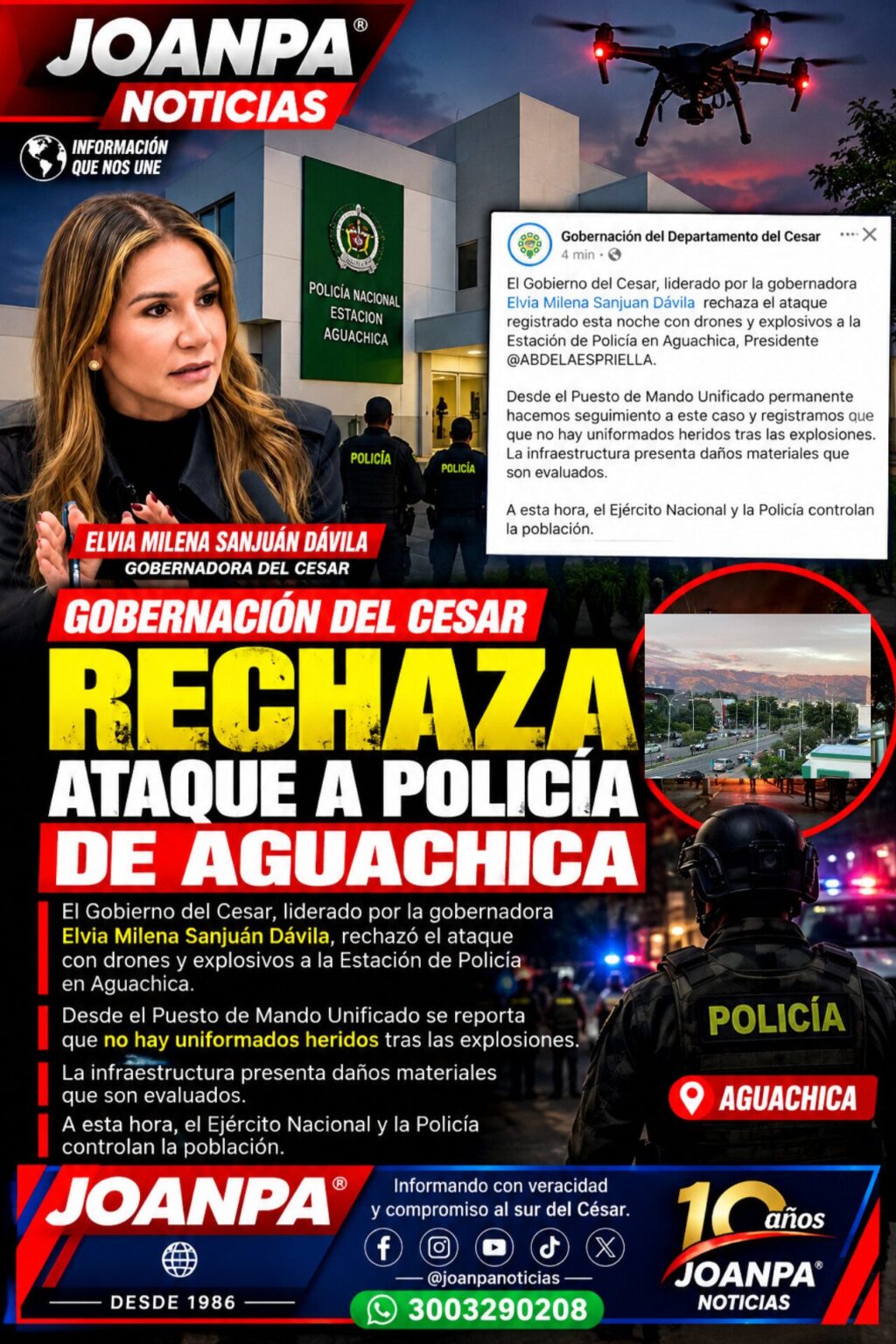 Gobernación del Cesar rechaza ataque a Policía de Aguachica