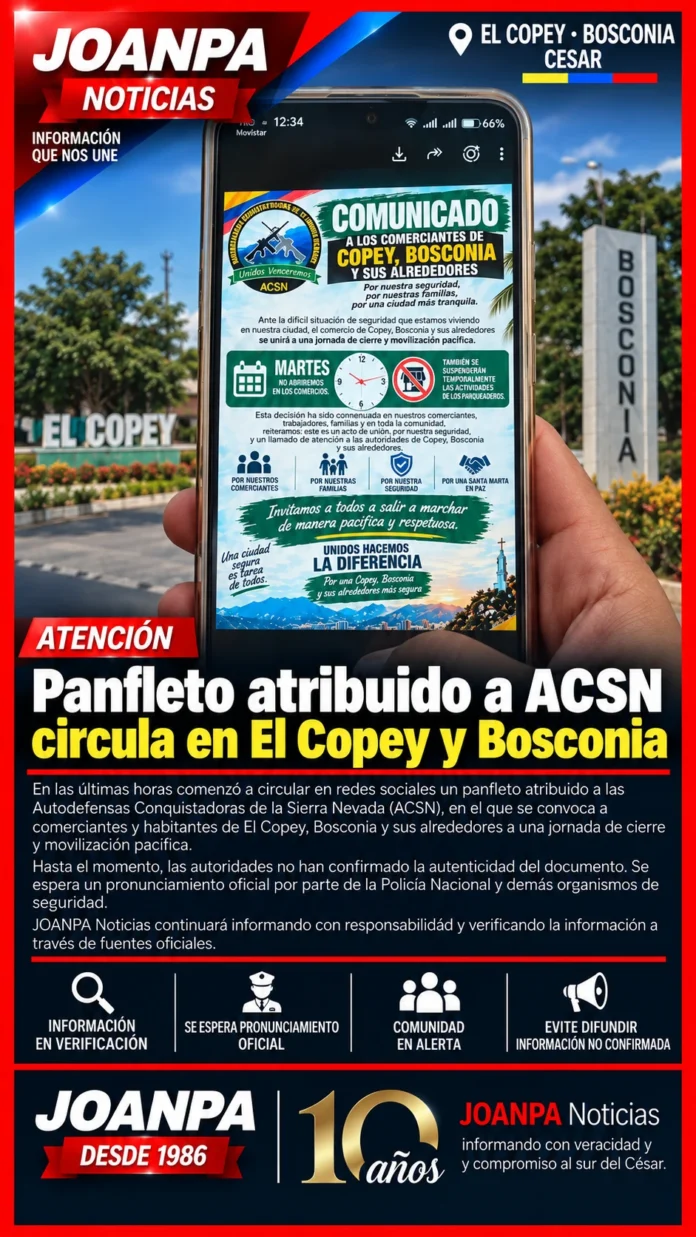 Panfleto atribuido a ACSN circula en El Copey y Bosconia