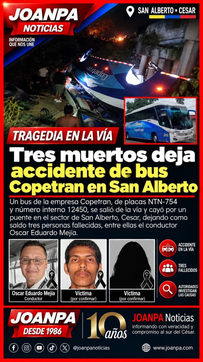 Tres muertos deja accidente de bus Copetran en San Alberto
